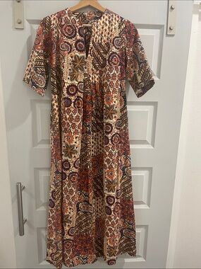 Vintage ‘70s “Smart Time” maxi dress, bell sleeves, Small, batik UNION MADE